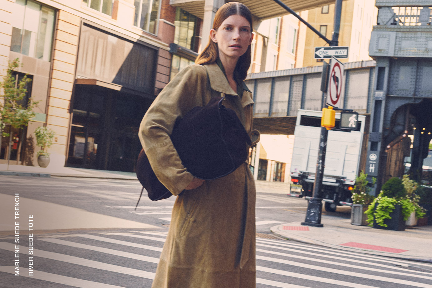 MARLENE SUEDE TRENCH, RIVER SUEDE TOTE