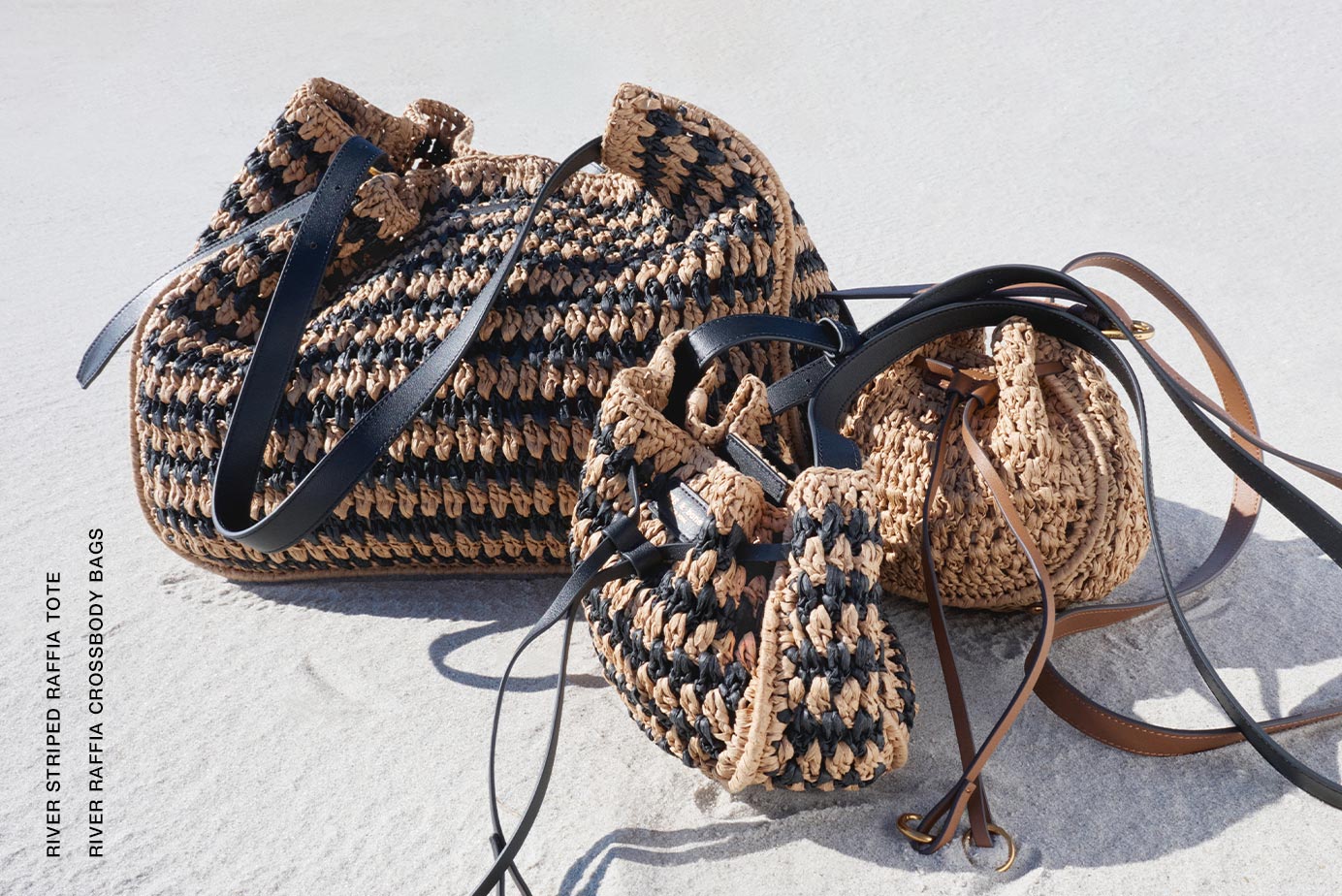 RIVER STRIPED RAFFIA TOTE. RIVER RAFFIA CROSSBODY BAGS