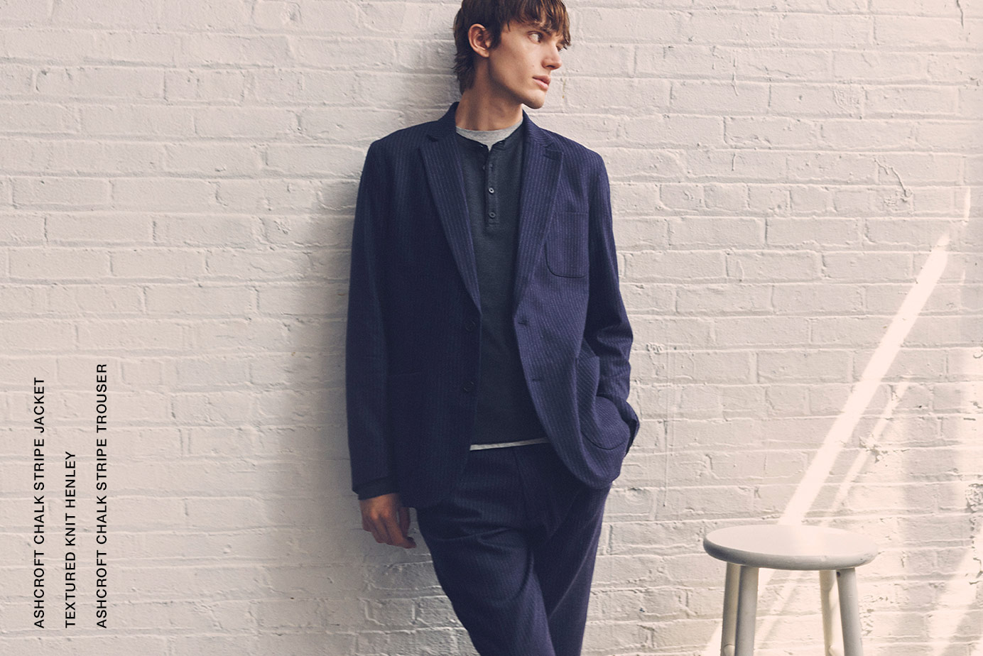 ASHCROFT CHALK STRIPE JACKET, TEXTURED KNIT HENLEY, ASHCROFT CHALK STRIPE TROUSER