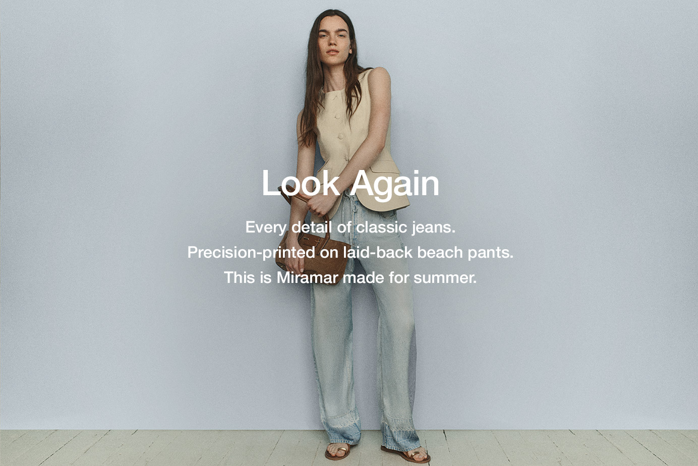 Look Again. Every detail of classic jeans. Precision-printed on laid-back beach pants. This is Miramar made for summer.