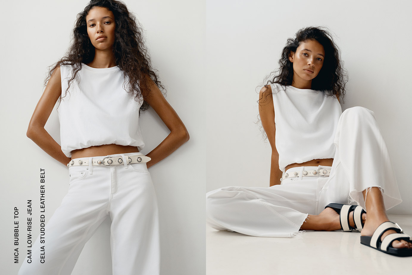 MICA BUBBLE TOP. CAM LOW-RISE JEAN. CELIA STUDDED LEATHER BELT