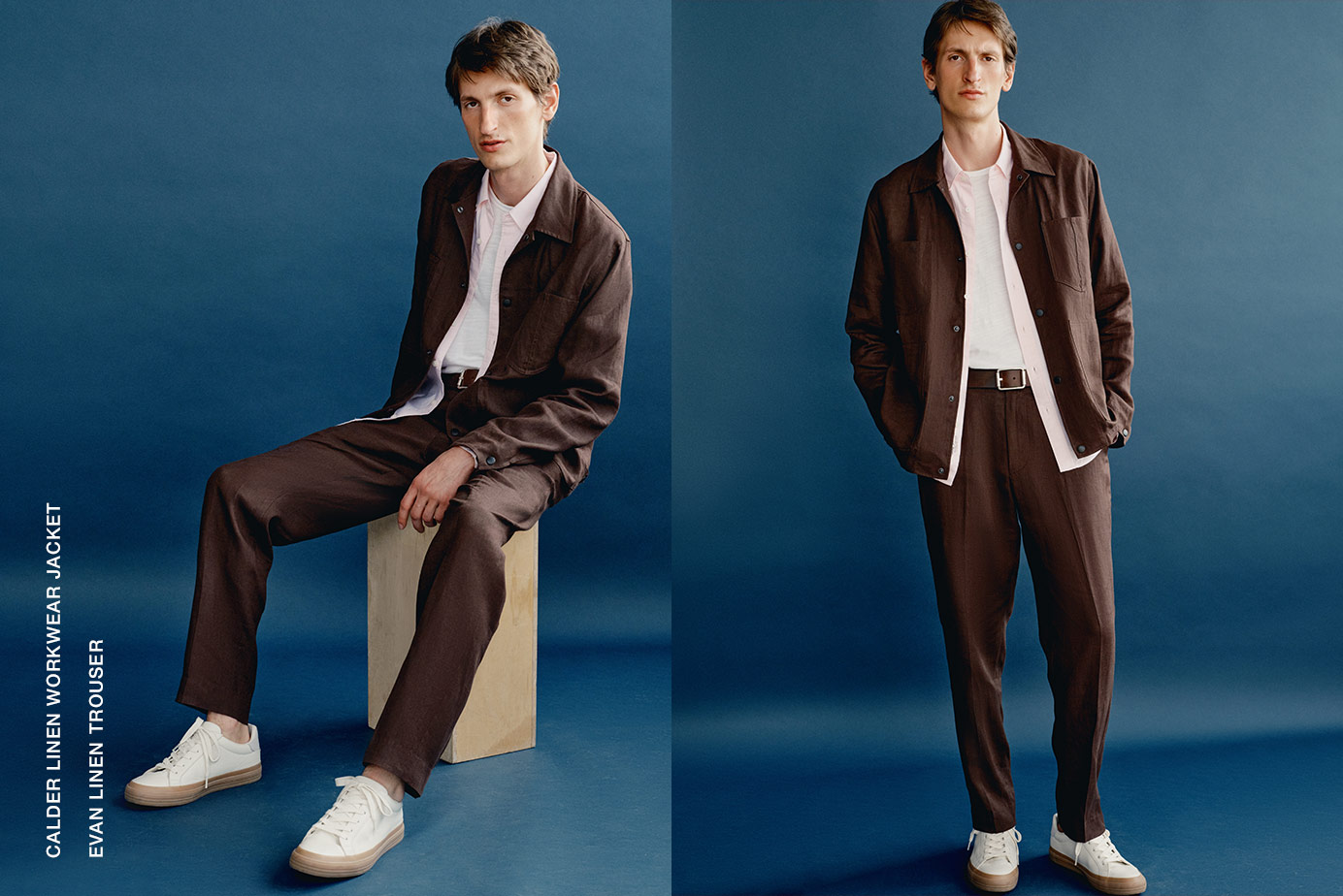 CALDER LINEN WORKWEAR JACKET. EVAN LINEN TROUSER