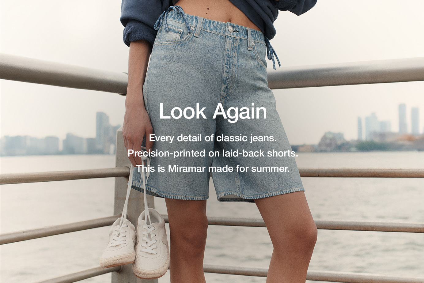 Look Again. Every detail of classic jeans. Precision-printed on laid-back beach pants. This is Miramar made for summer.